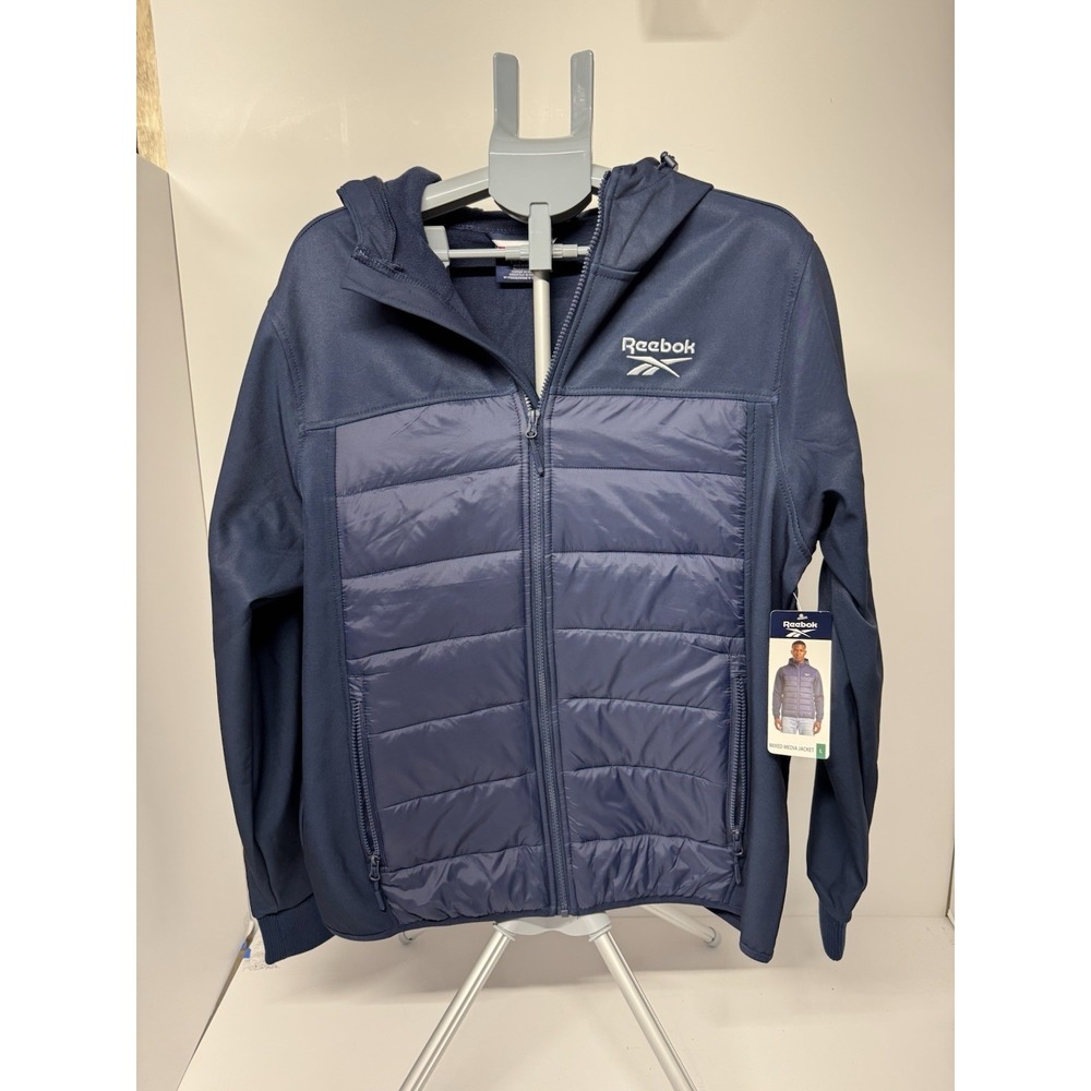 Reebok Men's Mixed Media Puffer Jacket Size Large Navy Blue Hooded NWT
